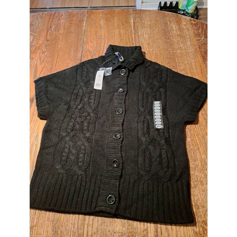 New Lauren Hansen Womens Size Medium Black Button Front Knit Cable Sweater NWT
